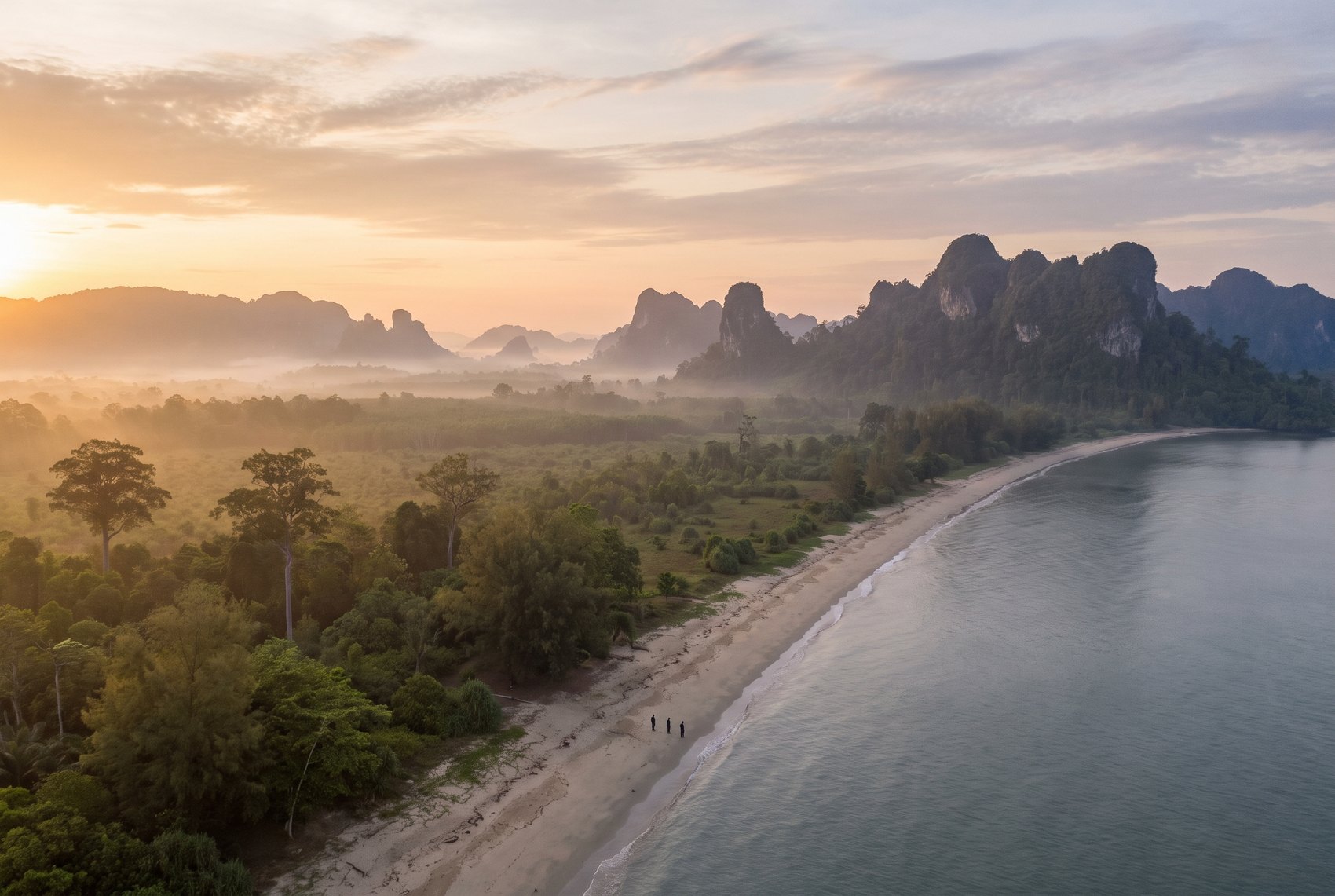 A broad forested coastal plain and long beach meeting a calm sea at dawn, with jungle-covered limestone karst towers rising in the distance behind the lowland, on the Ice-Age coast of East Kalimantan