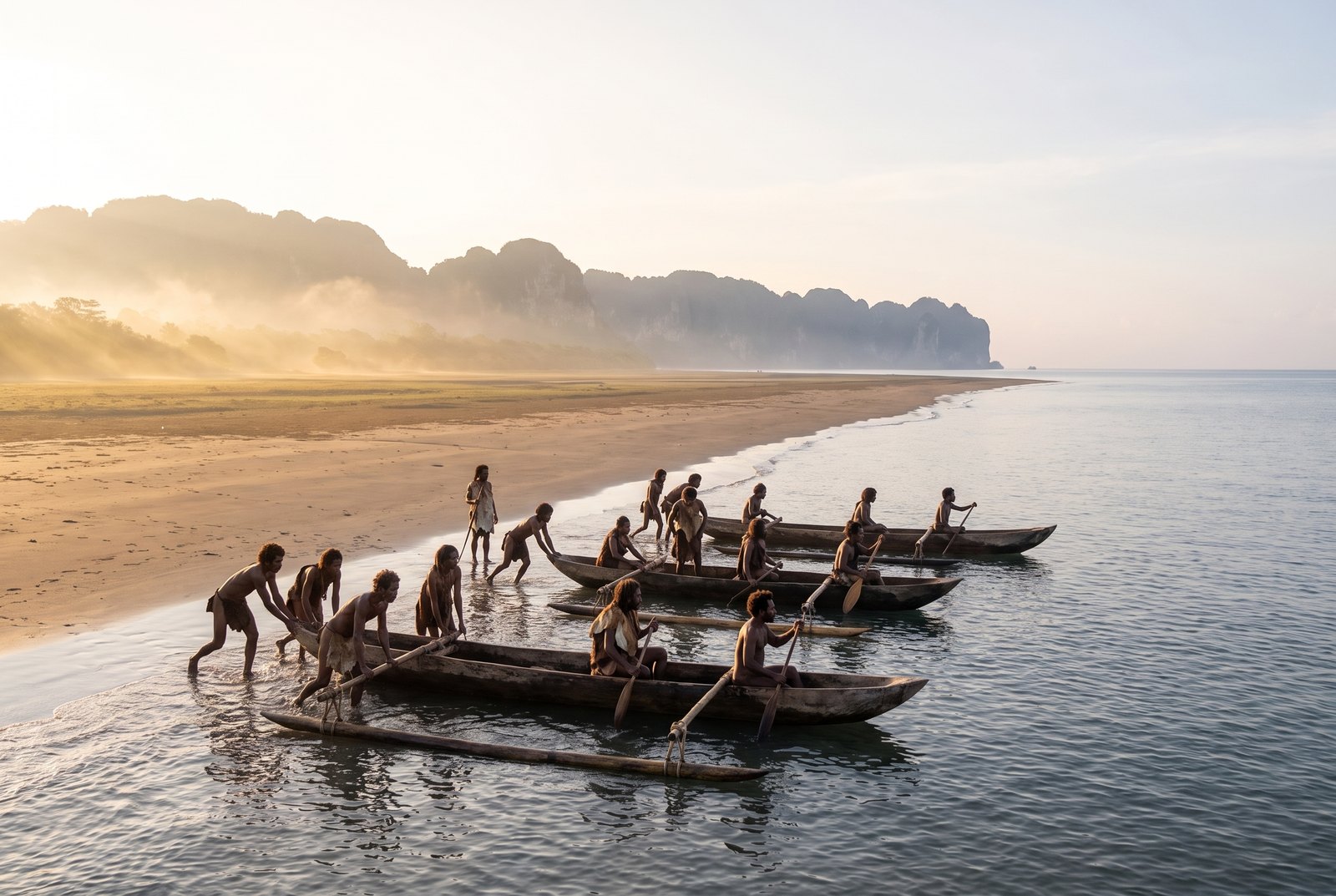 A band of early modern humans launching outrigger canoes off a broad beach into a calm dawn sea, with jungle-covered karst hills set back in the distance behind the coastal plain