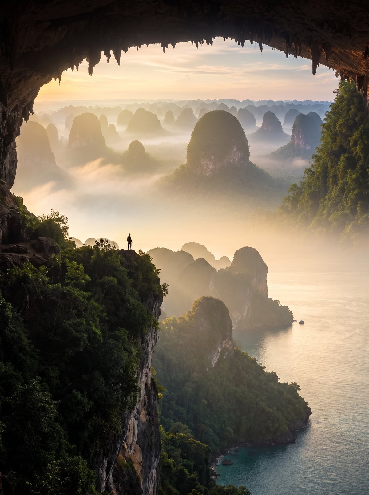 From inside a limestone cave mouth, a sea of misty karst pinnacles descends to a glowing dawn ocean, a lone tiny figure on a cliff edge gazing out