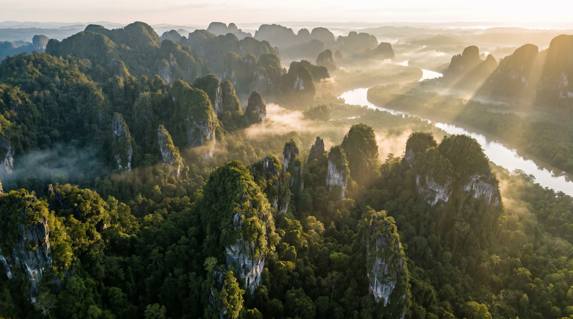 The Sangkulirang tower-karst of East Kalimantan at dawn, jungle-clad limestone spires above a winding river in the mist