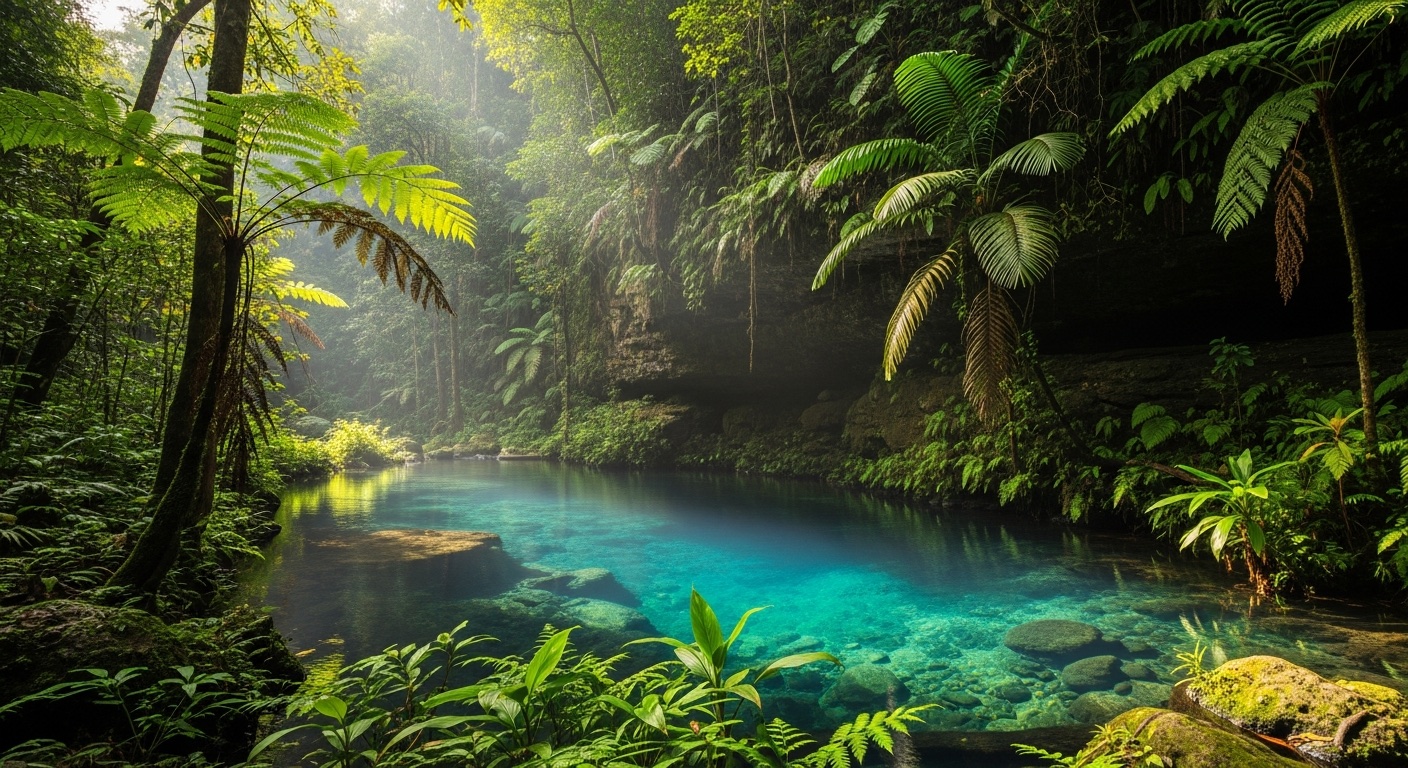 The cold turquoise spring welling up at the foot of a mossy limestone cliff, the river's beginning