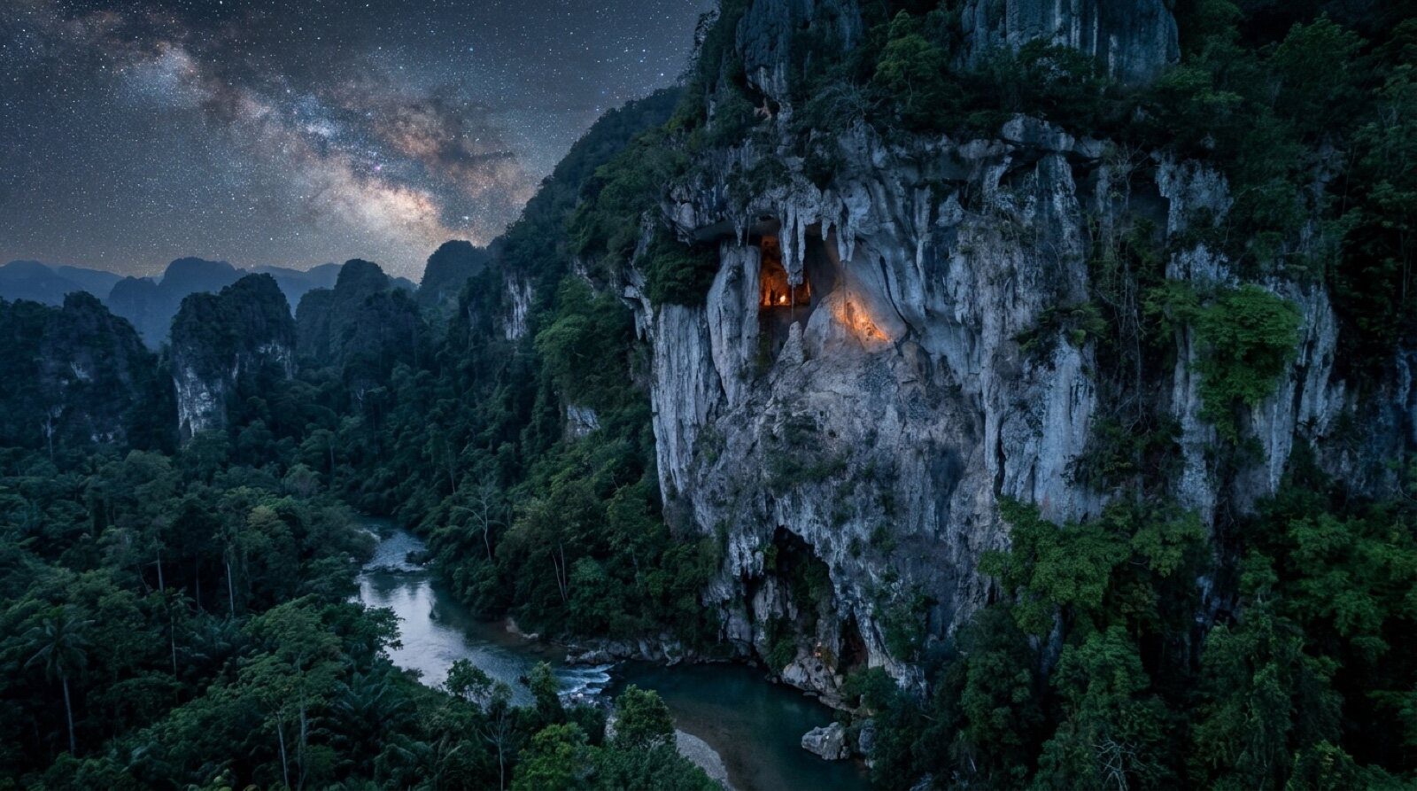 The sacred landscape: a firelit cave high in a limestone cliff, the spring and river at its foot, the Milky Way over the karst towers