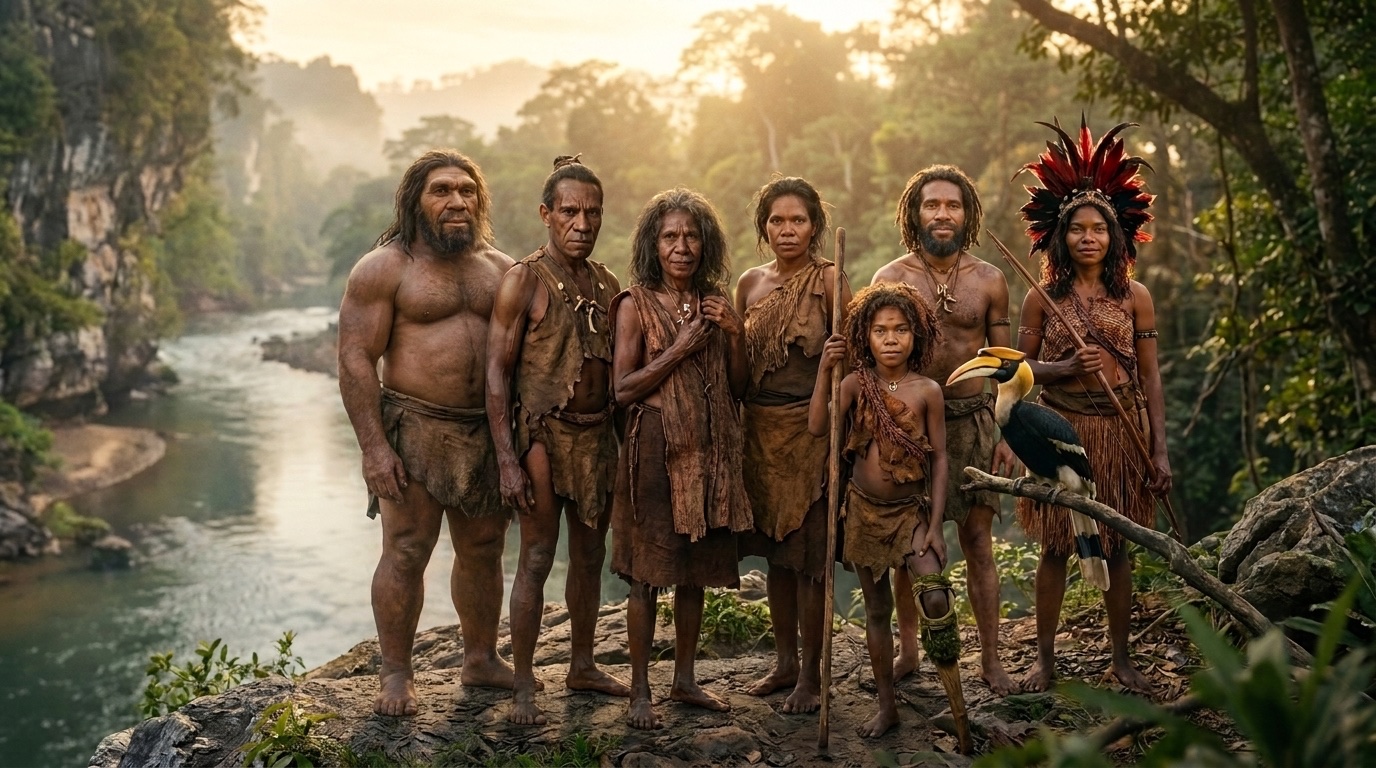 The whole band of Tebo 1 together at dawn above a misty jungle river: the robust Denisovan Deni, the healer Saga, the mother Ranu, the maker Batu, the dissenter Sero, the huntress Bulan, and the peg-legged youth Tebo 1 with the hornbill