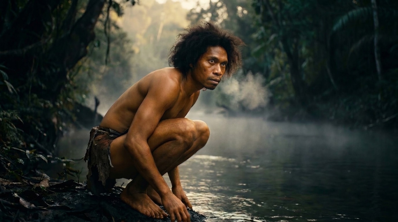 A young man crouches at the misty edge of a Borneo river at dawn, half animal, half something new