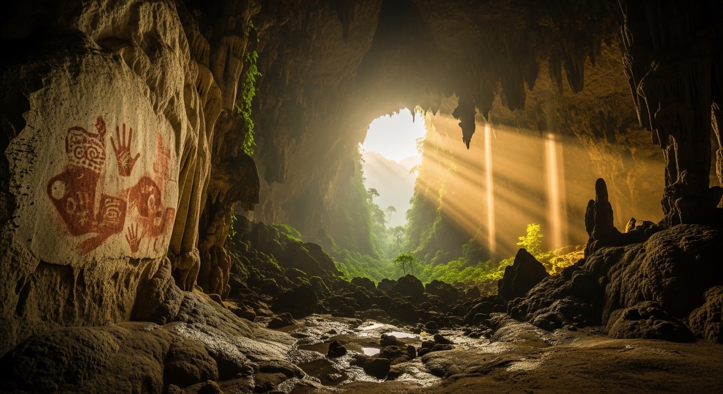 A cave mouth high in the karst wall, open to the valley