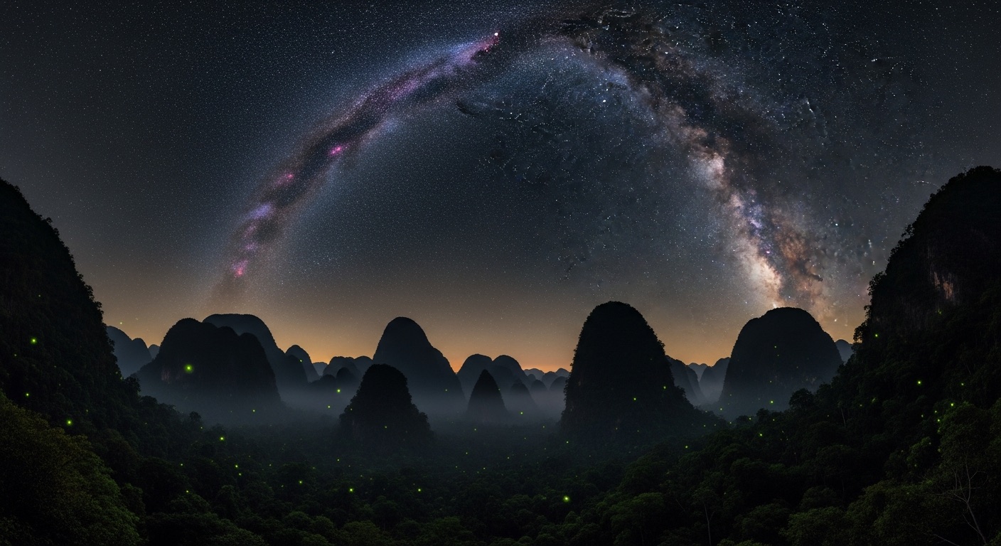 The Milky Way over the silhouetted karst towers