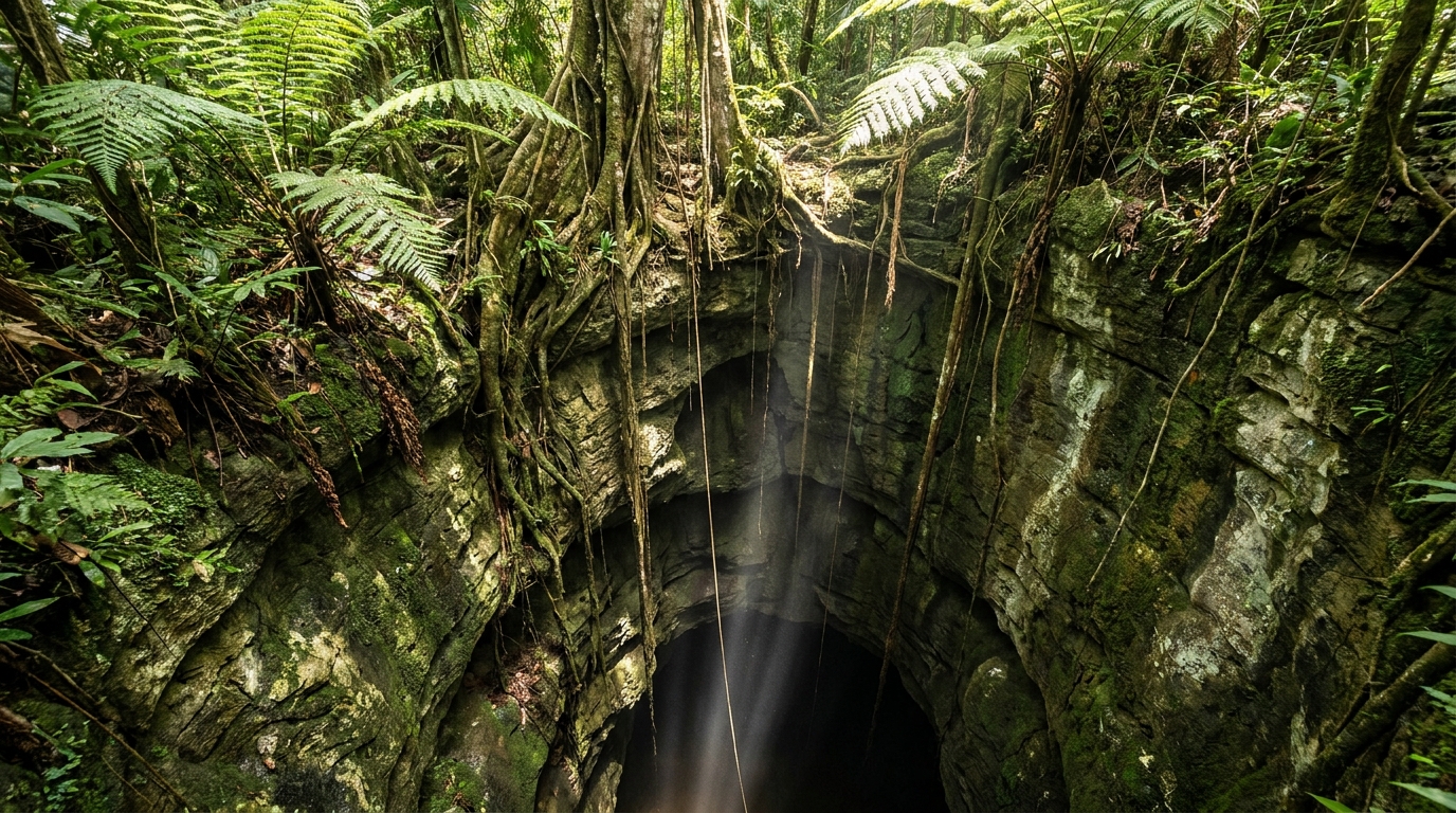 A collapsed karst sinkhole, a pocket of forest walled by sheer rock
