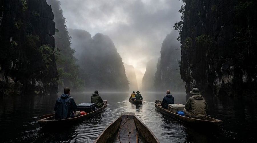 Graphic novel panel: an expedition of canoes pushes upriver into the mist