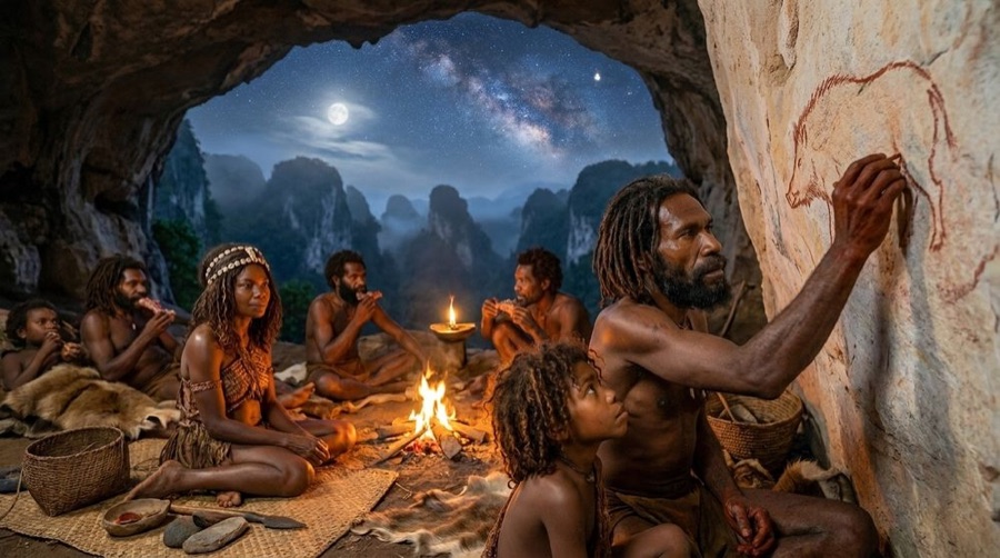 Graphic novel panel: the band by the fire as Batu sets the first ochre mark on the cave wall