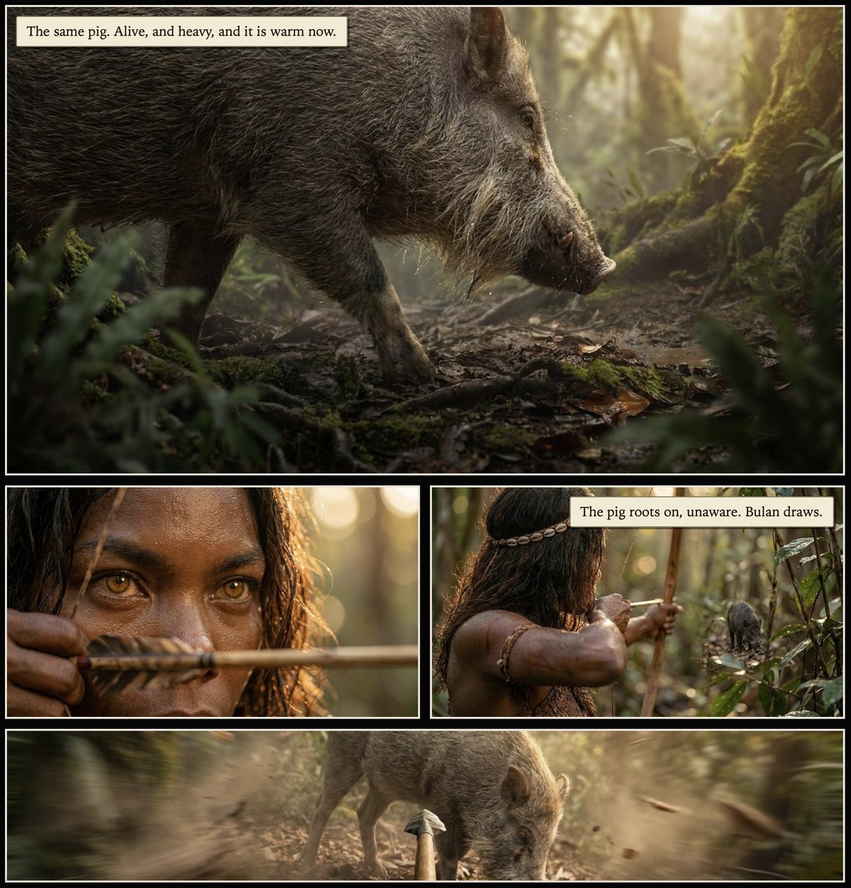 A sample page from the graphic novel: a bearded pig roots through the forest floor as Bulan draws an arrow