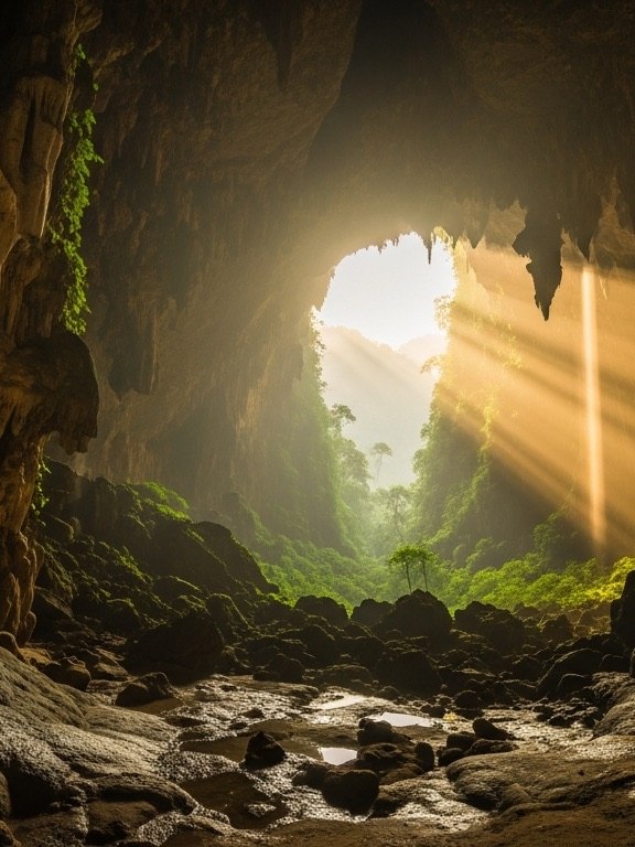 A cave mouth high in the karst wall
