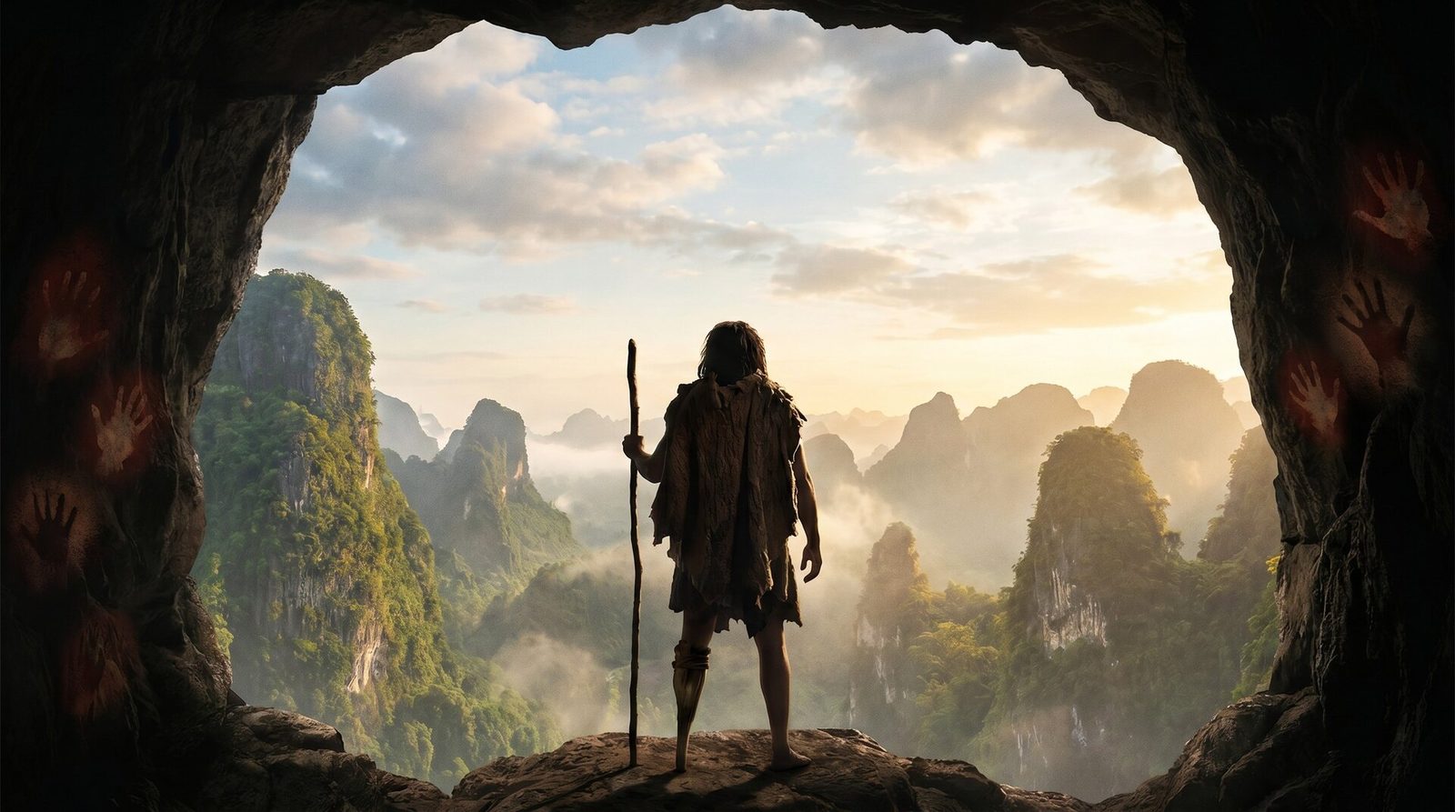 A lone figure with a staff stands at the mouth of a karst cave, red ochre handprints on the rock, looking out over mist-filled jungle spires at dawn