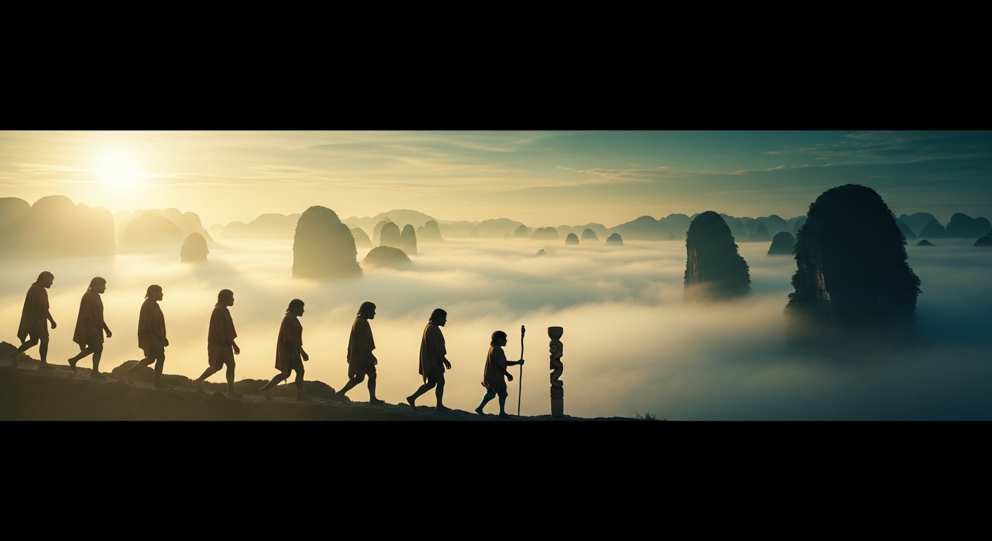 The band of Tebo 1 walking in silhouette across the land at dawn, a procession of foragers with staffs and a feather headdress