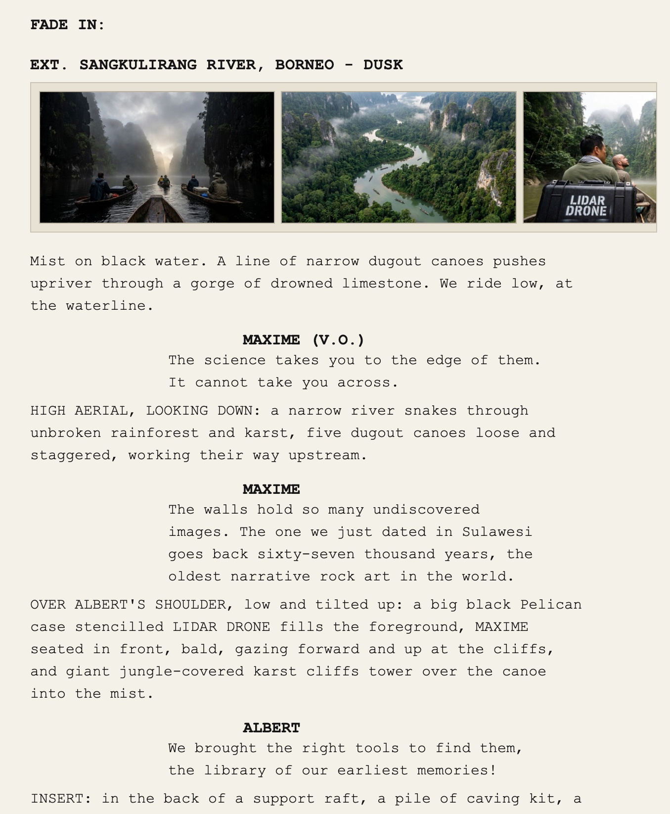 A page from the screenplay: FADE IN on the Sangkulirang River at dusk, a film strip of the expedition upriver, and the opening dialogue